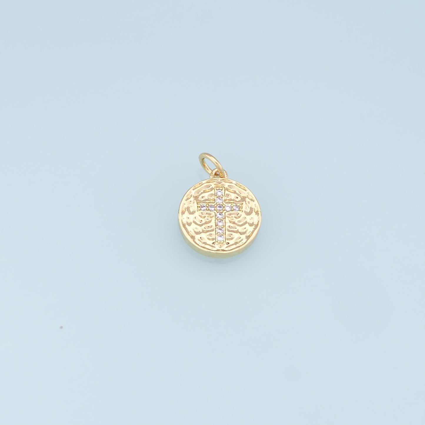 Gold Cross Charms,18K Gold Filled Round Coin Cross Pendant,CZ Micro Pave Religious Charm Bracelet Necklace for DIY Jewelry Making Supply