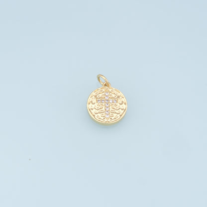 Gold Cross Charms,18K Gold Filled Round Coin Cross Pendant,CZ Micro Pave Religious Charm Bracelet Necklace for DIY Jewelry Making Supply