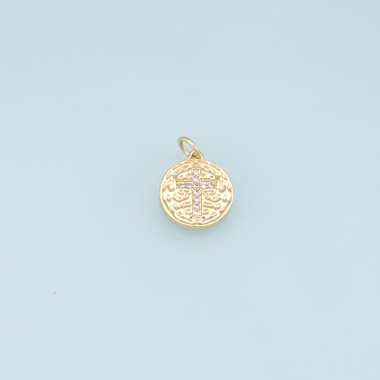 Gold Cross Charms,18K Gold Filled Round Coin Cross Pendant,CZ Micro Pave Religious Charm Bracelet Necklace for DIY Jewelry Making Supply