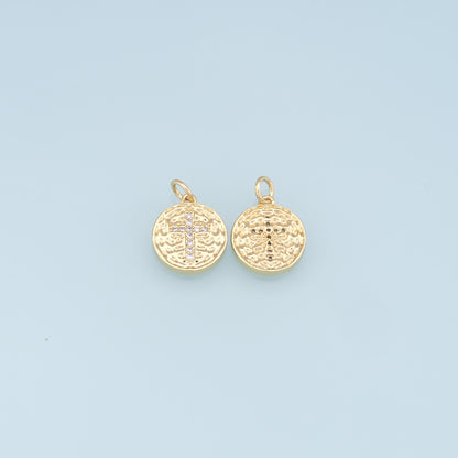 Gold Cross Charms,18K Gold Filled Round Coin Cross Pendant,CZ Micro Pave Religious Charm Bracelet Necklace for DIY Jewelry Making Supply