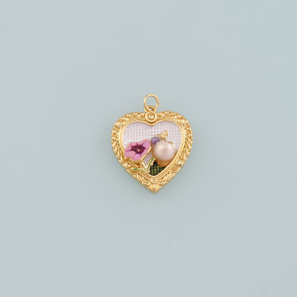 18K Gold Filled Pearl Heart Pendant,Enamel Heart Flower Charm Bracelet Necklace for DIY Jewelry Making Supply