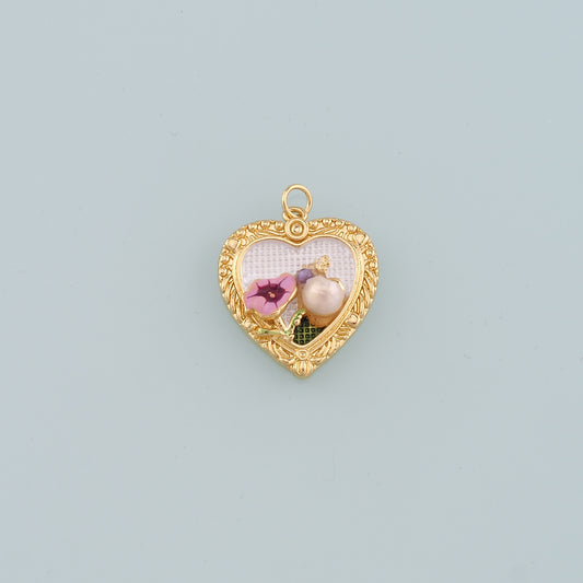 18K Gold Filled Pearl Heart Pendant,Enamel Heart Flower Charm Bracelet Necklace for DIY Jewelry Making Supply