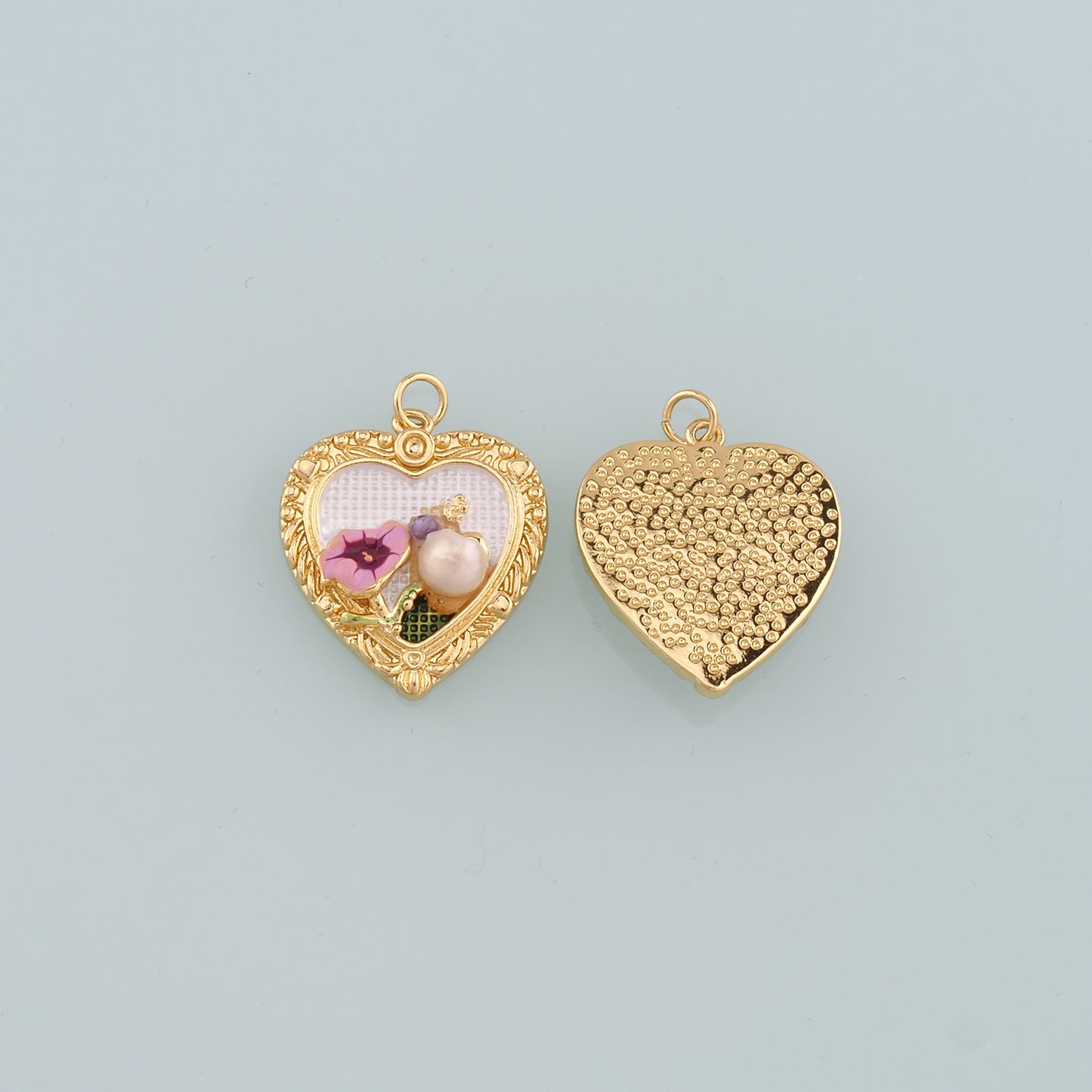 18K Gold Filled Pearl Heart Pendant,Enamel Heart Flower Charm Bracelet Necklace for DIY Jewelry Making Supply