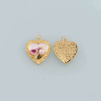 18K Gold Filled Pearl Heart Pendant,Enamel Heart Flower Charm Bracelet Necklace for DIY Jewelry Making Supply