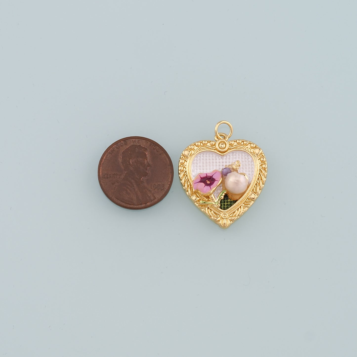18K Gold Filled Pearl Heart Pendant,Enamel Heart Flower Charm Bracelet Necklace for DIY Jewelry Making Supply
