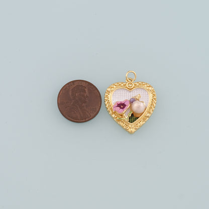 18K Gold Filled Pearl Heart Pendant,Enamel Heart Flower Charm Bracelet Necklace for DIY Jewelry Making Supply