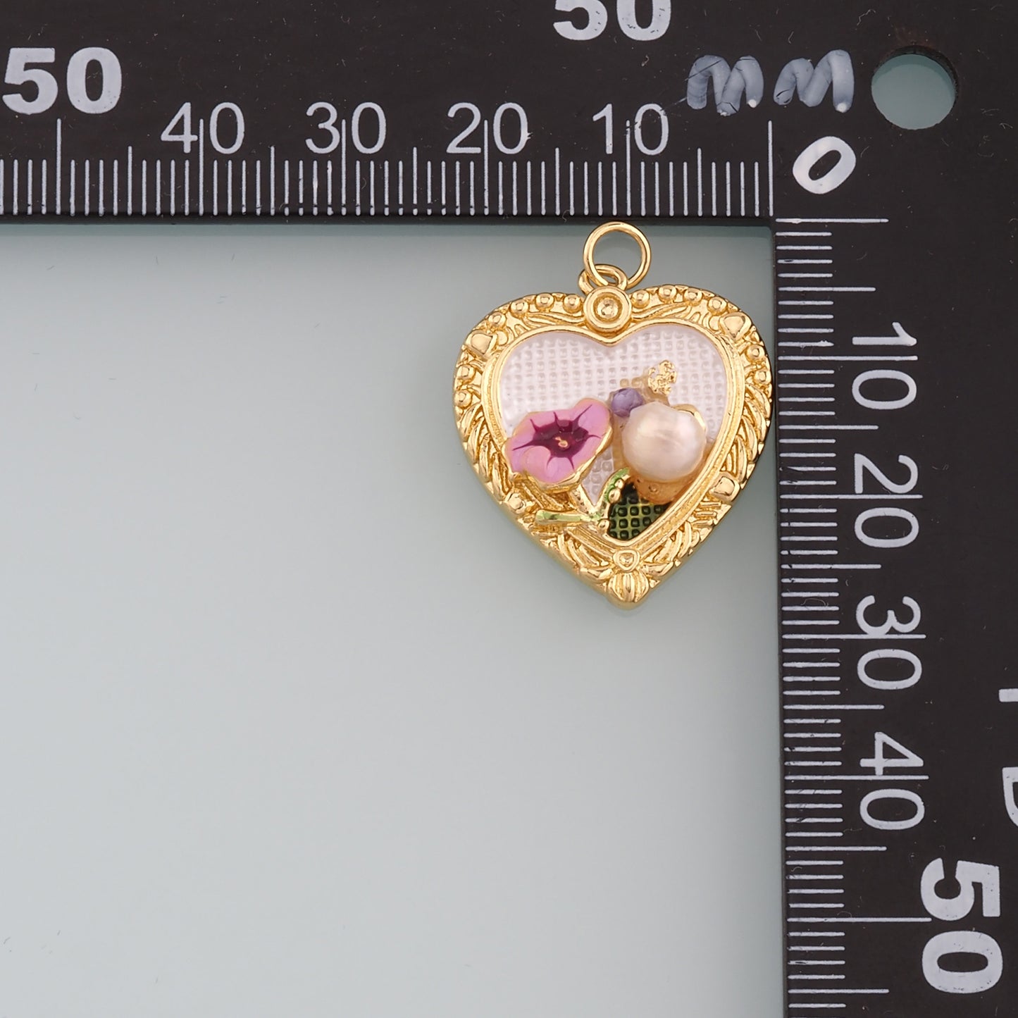 18K Gold Filled Pearl Heart Pendant,Enamel Heart Flower Charm Bracelet Necklace for DIY Jewelry Making Supply