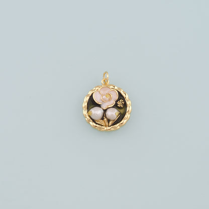 18K Gold Filled Pearl Flower Pendant,Enamel Flower Charm Bracelet Necklace for DIY Jewelry Making Supply