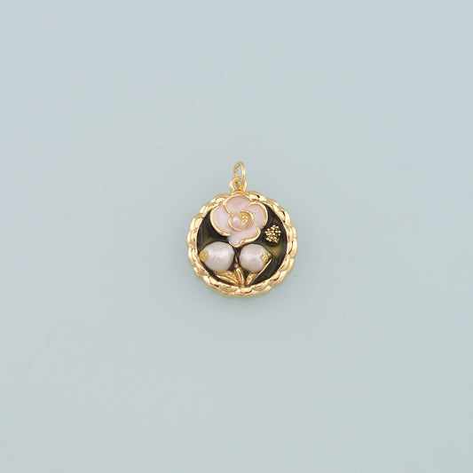 18K Gold Filled Pearl Flower Pendant,Enamel Flower Charm Bracelet Necklace for DIY Jewelry Making Supply