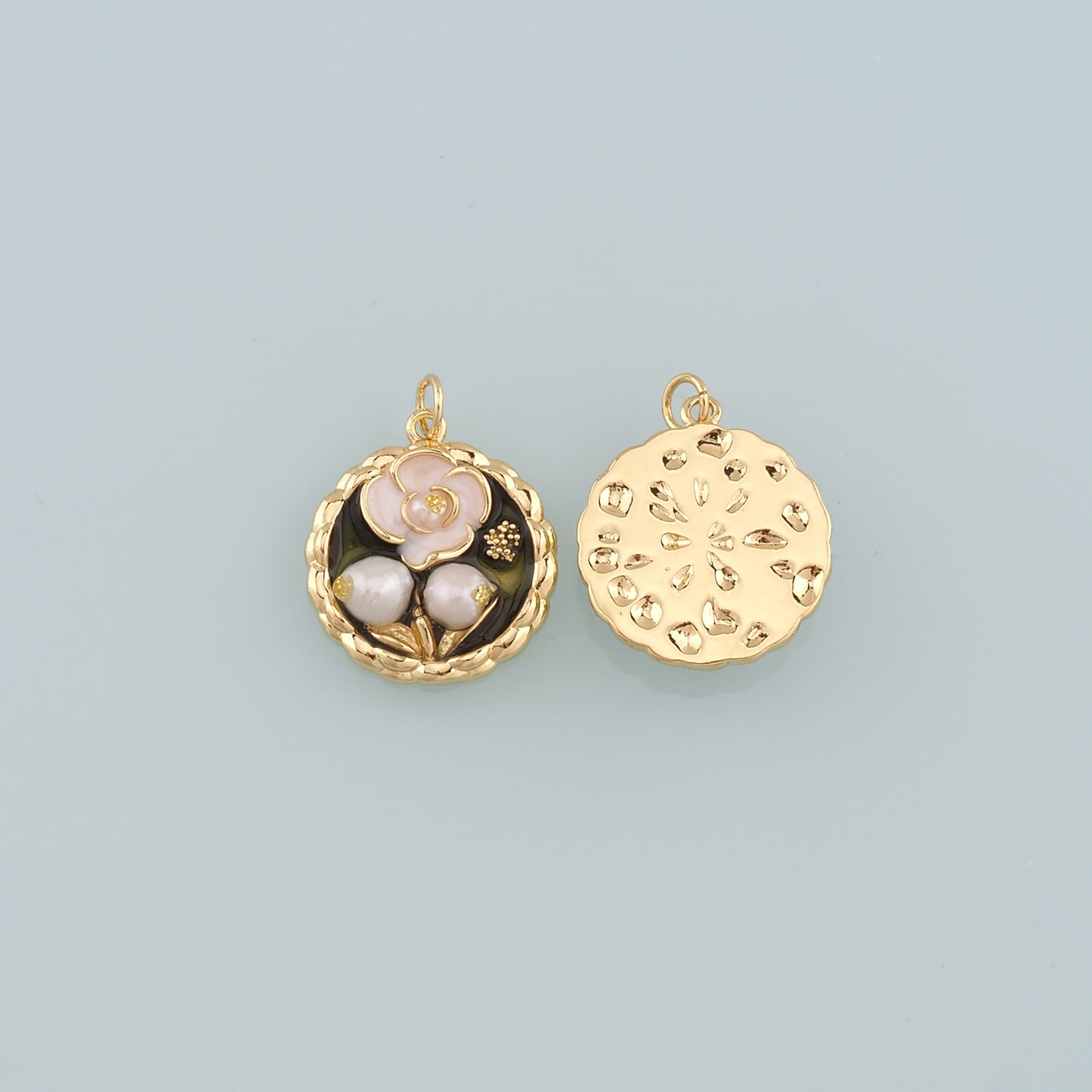 18K Gold Filled Pearl Flower Pendant,Enamel Flower Charm Bracelet Necklace for DIY Jewelry Making Supply