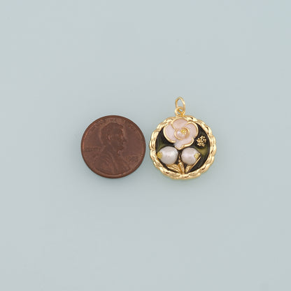 18K Gold Filled Pearl Flower Pendant,Enamel Flower Charm Bracelet Necklace for DIY Jewelry Making Supply