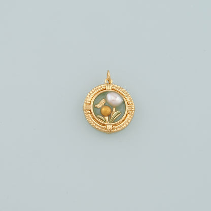 18K Gold Filled Pearl Flower Pendant,Enamel Flower Charm Bracelet Necklace for DIY Jewelry Making Supply