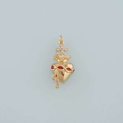 18K Gold Filled Sacred heart Pendant,CZ Micro Pave Religion Charm Bracelet Necklace for DIY Jewelry Making Supply