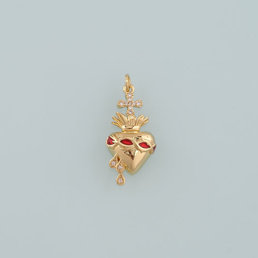 18K Gold Filled Sacred heart Pendant,CZ Micro Pave Religion Charm Bracelet Necklace for DIY Jewelry Making Supply