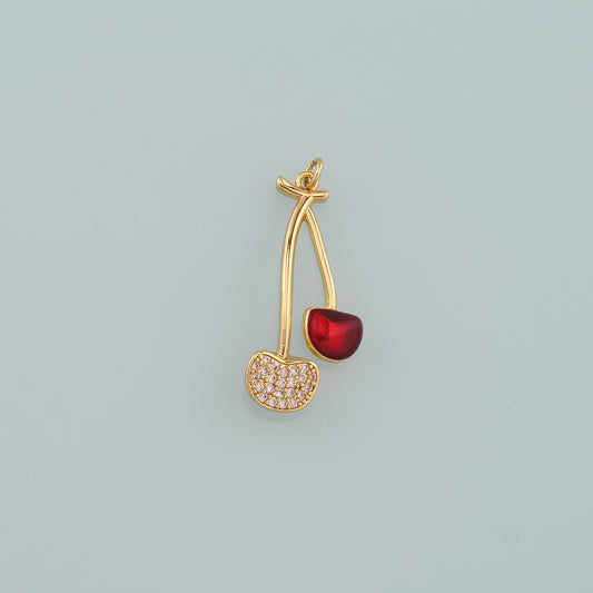 Gold Cherry Charms,18K Gold Filled Cherry Pendant,CZ Micro Pave Fruit Charm Bracelet Necklace for DIY Jewelry Making Supply