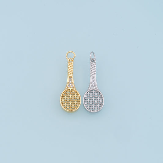 Gold tennis racket Charms,18K Gold Filled CZ tennis racket Pendant,tennis racket Charm Bracelet Necklace for DIY Jewelry Making Supply