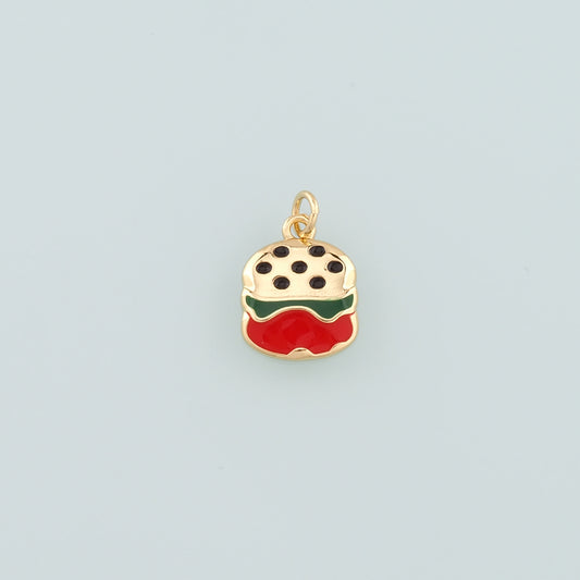 18K Gold Filled Hamburger Pendant,Enamel Gourmet Charm Bracelet Necklace for DIY Jewelry Making Supply