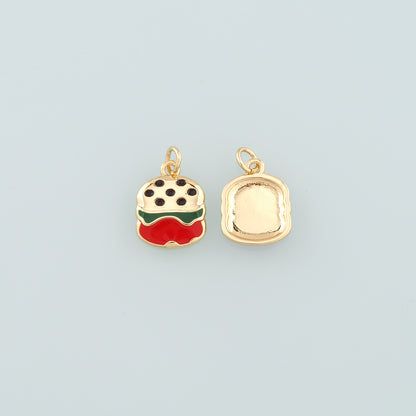 18K Gold Filled Hamburger Pendant,Enamel Gourmet Charm Bracelet Necklace for DIY Jewelry Making Supply