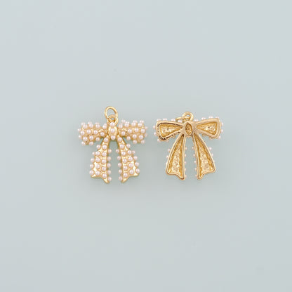 Gold Bow Charms,18K Gold Filled Pearl Bow Pendant,Bow Tie Charm Bracelet Necklace for DIY Jewelry Making Supply