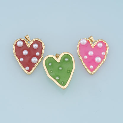 Gold Heart Pearl Charms,18K Gold Filled Clear Enamel Heart Pendant,Color Heart Charm Bracelet Necklace for DIY Jewelry Making Supply