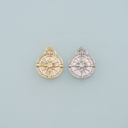 18K Gold Filled Compass Pendant,CZ Micro Pave Compass Charm Bracelet Necklace for DIY Jewelry Making Supply