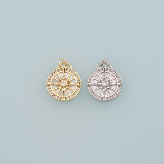 18K Gold Filled Compass Pendant,CZ Micro Pave Compass Charm Bracelet Necklace for DIY Jewelry Making Supply