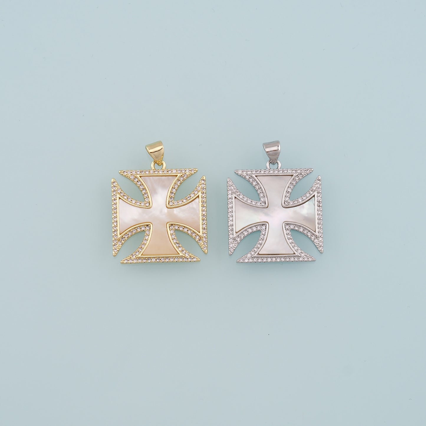 Gold Cross Charms,18K Gold Filled Shell Cross Pendant,CZ Micro Pave Religion Charm Bracelet Necklace for DIY Jewelry Making Supply