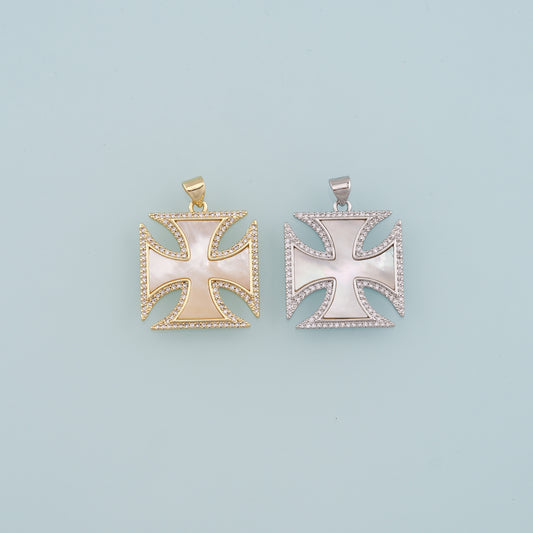 Gold Cross Charms,18K Gold Filled Shell Cross Pendant,CZ Micro Pave Religion Charm Bracelet Necklace for DIY Jewelry Making Supply