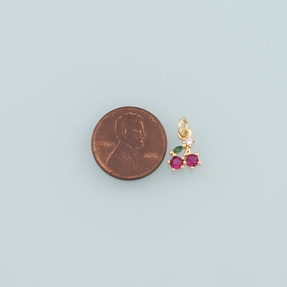 Gold Cherry Charms,18K Gold Filled Cherry Pendant,CZ Micro Pave Fruit Charm Bracelet Necklace for DIY Jewelry Making Supply