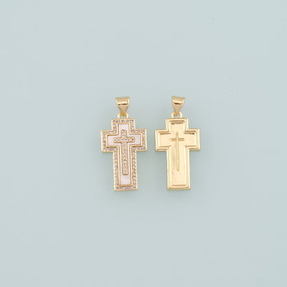 Gold Cross Charms,18K Gold Filled Shell Cross Pendant,CZ Micro Pave Religion Charm Bracelet Necklace for DIY Jewelry Making Supply