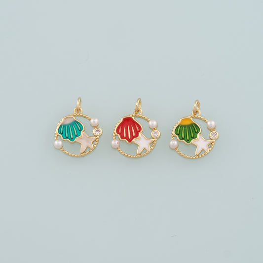 Gold Shell Charm,18K Gold Filled Scallop Pendant,Enamel Starfish Charm Bracelet Necklace for DIY Jewelry Making Supply