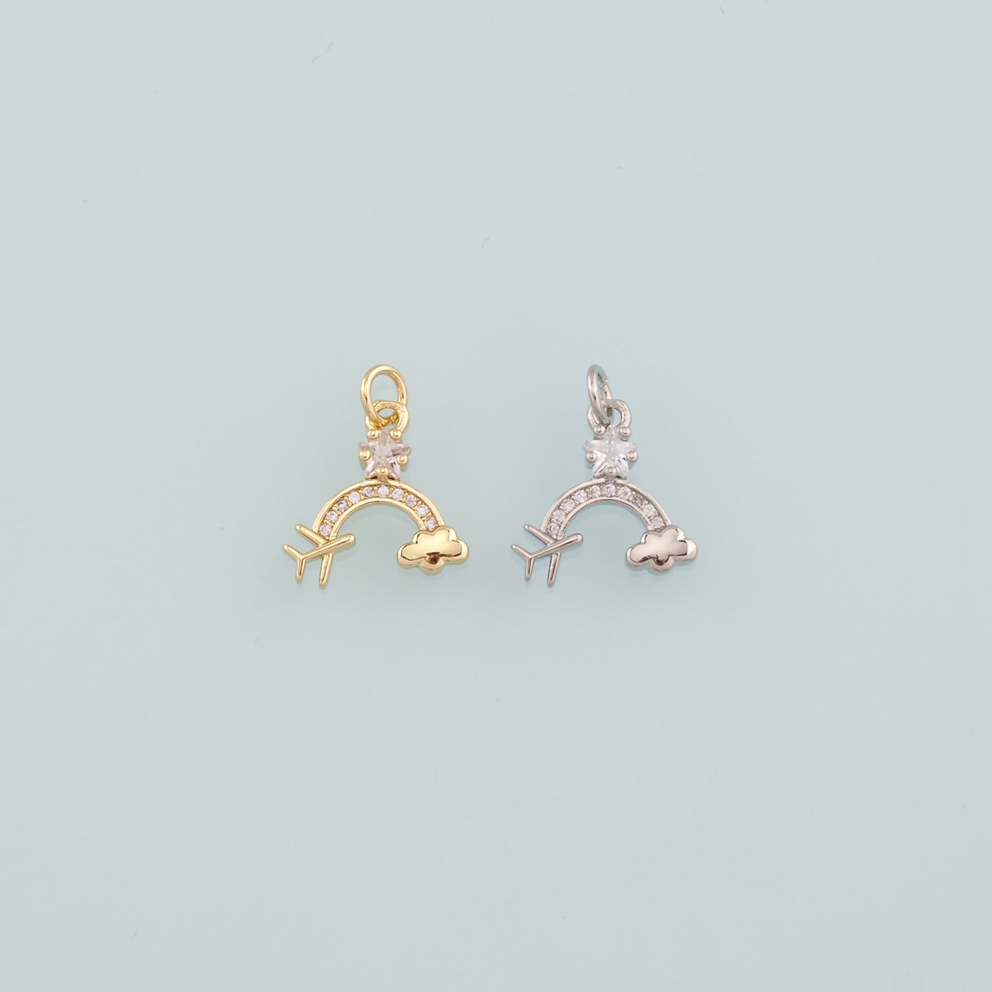 Gold Airplane Charms,18K Gold Filled Rainbow Pendant,CZ Micro Pave Clouds Charm Bracelet Necklace for DIY Jewelry Making Supply