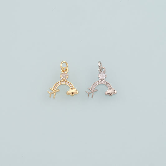 Gold Airplane Charms,18K Gold Filled Rainbow Pendant,CZ Micro Pave Clouds Charm Bracelet Necklace for DIY Jewelry Making Supply