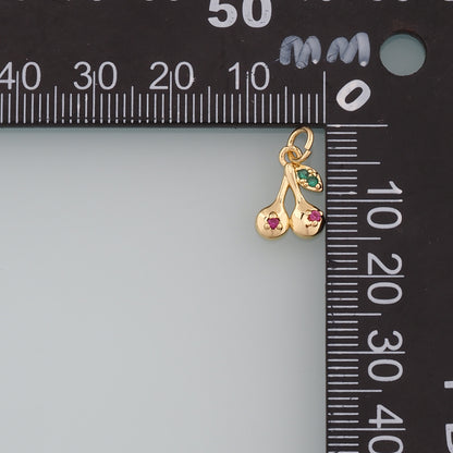 Gold Cherry Charms,18K Gold Filled Cherry Pendant,CZ Micro Pave Fruit Charm Bracelet Necklace for DIY Jewelry Making Supply