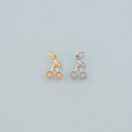 Gold Cherry Charms,18K Gold Filled Cherry Pendant,CZ Micro Pave Fruit Charm Bracelet Necklace for DIY Jewelry Making Supply