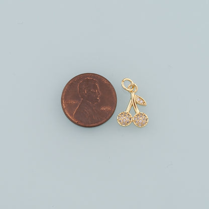 Gold Cherry Charms,18K Gold Filled Cherry Pendant,CZ Micro Pave Fruit Charm Bracelet Necklace for DIY Jewelry Making Supply