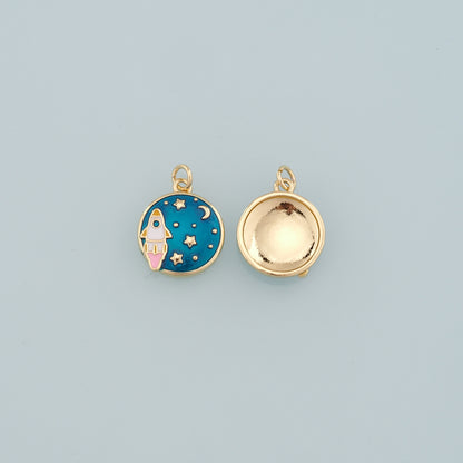 Gold Rocket Charms,18K Gold Filled Enamel Starry Sky Charm Bracelet Necklace for DIY Jewelry Making Supply