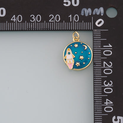 Gold Rocket Charms,18K Gold Filled Enamel Starry Sky Charm Bracelet Necklace for DIY Jewelry Making Supply