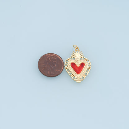 Gold Red sacred Heart Charms,18K Gold Filled flame sacred heart Pendant,Religious Charm Bracelet Necklace for DIY Jewelry Making Supply