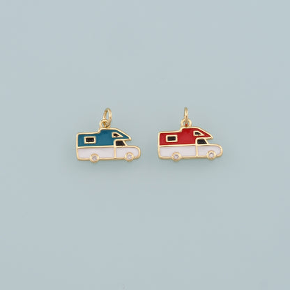 Gold Camping Charms,18K Gold Filled Caravan Pendant,Enamel Travel Charm Bracelet Necklace for DIY Jewelry Making Supply