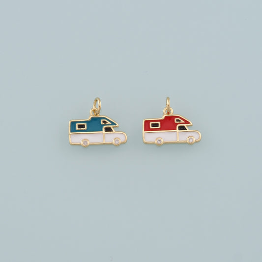 Gold Camping Charms,18K Gold Filled Caravan Pendant,Enamel Travel Charm Bracelet Necklace for DIY Jewelry Making Supply