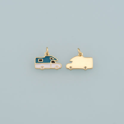 Gold Camping Charms,18K Gold Filled Caravan Pendant,Enamel Travel Charm Bracelet Necklace for DIY Jewelry Making Supply