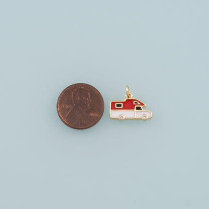Gold Camping Charms,18K Gold Filled Caravan Pendant,Enamel Travel Charm Bracelet Necklace for DIY Jewelry Making Supply