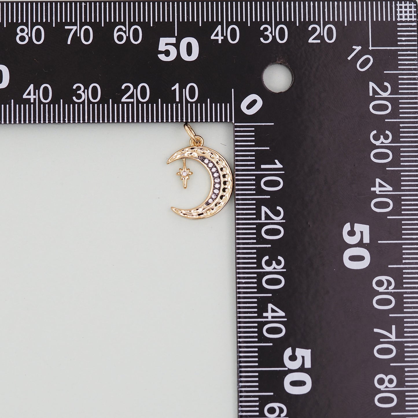 Gold Moon Star Charms,18K Gold Filled CZ Moon Pendant,Celestial Charm Bracelet Necklace for DIY Jewelry Making Supply