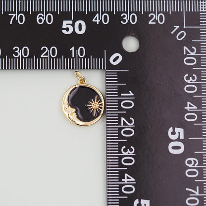 Gold Round Moon Star Charms,18K Gold Filled CZ Enamel Moon Pendant,Celestial Charm Bracelet Necklace for DIY Jewelry Making Supply