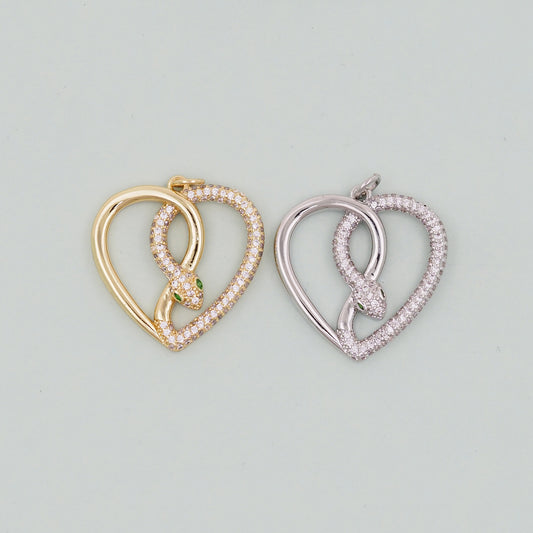 Gold Heart Snake charms,18K Gold Filled CZ Snake Pendant,Silver Snake Charms Bracelet Necklace for DIY Jewelry Making Supply