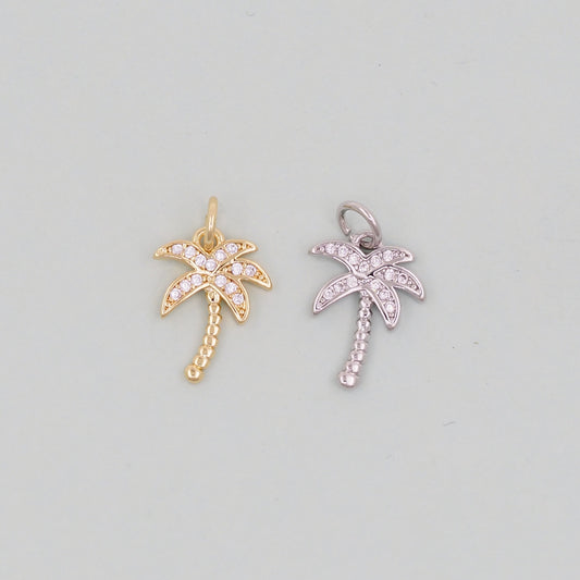 Gold Palm Tree Charms,18K Gold Filled Palm tree Pendant,CZ Micro Pave Silver Palm tree Charm Bracelet Necklace for DIY Jewelry Making Supply