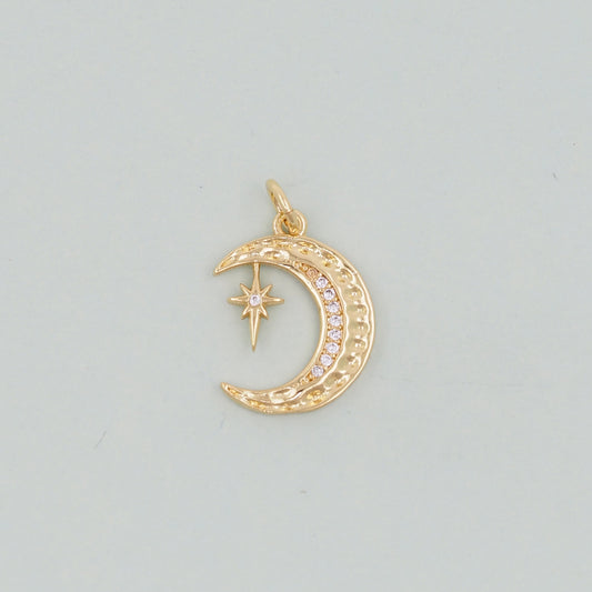 Gold Moon Star Charms,18K Gold Filled CZ Moon Pendant,Celestial Charm Bracelet Necklace for DIY Jewelry Making Supply