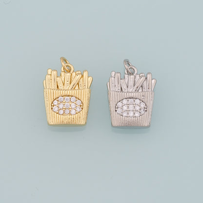 18K Gold Filled Fries Pendant,CZ Micro Pave French Fries Charm Bracelet Necklace for DIY Jewelry Making Supply