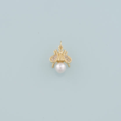 Gold Insect Charms,18K Gold Filled Pearl Bee Pendant,CZ Micro Pave Bee Charm Bracelet Necklace for DIY Jewelry Making Supply